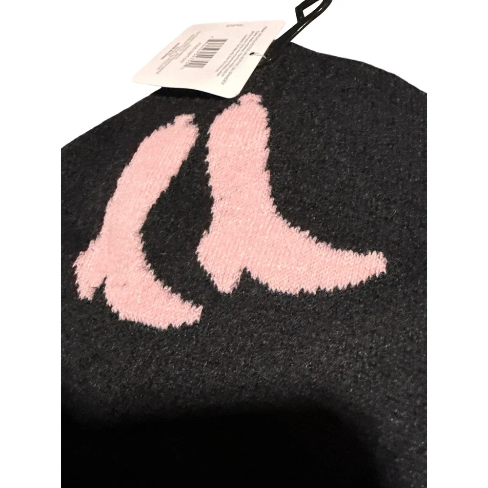Ladies Black Knit Beanie Pink Cowboy Boot Western Cowgirl One Size NWT